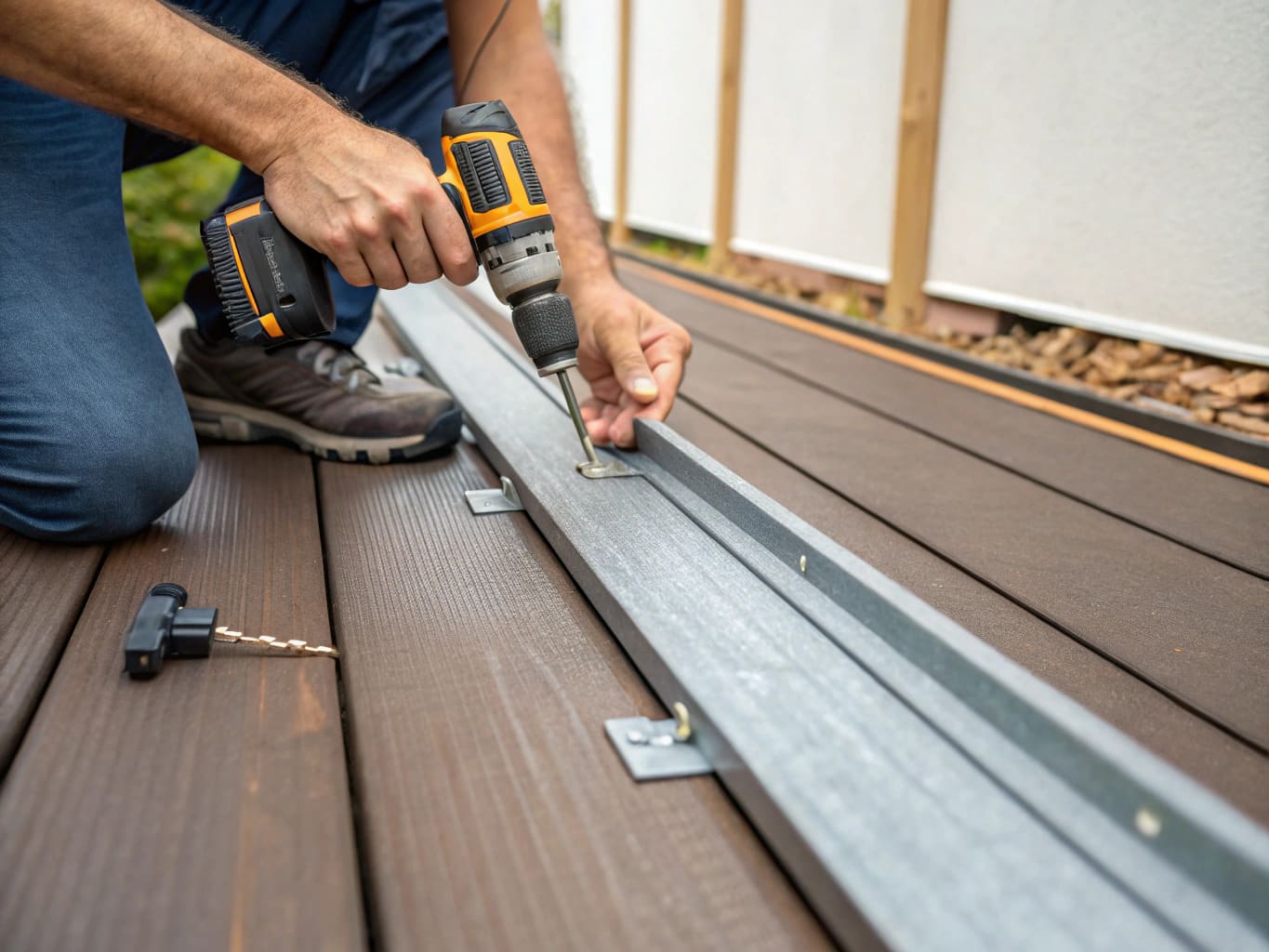 Illustrative render of a composite decking board being installed with a hidden fixing clip