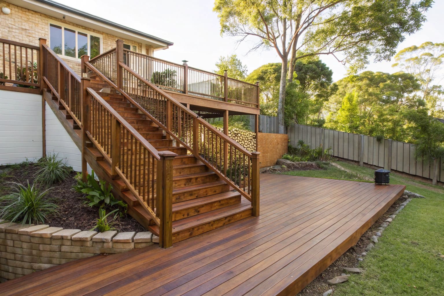Concept render of a multi-level timber deck with a staircase on a sloped backyard