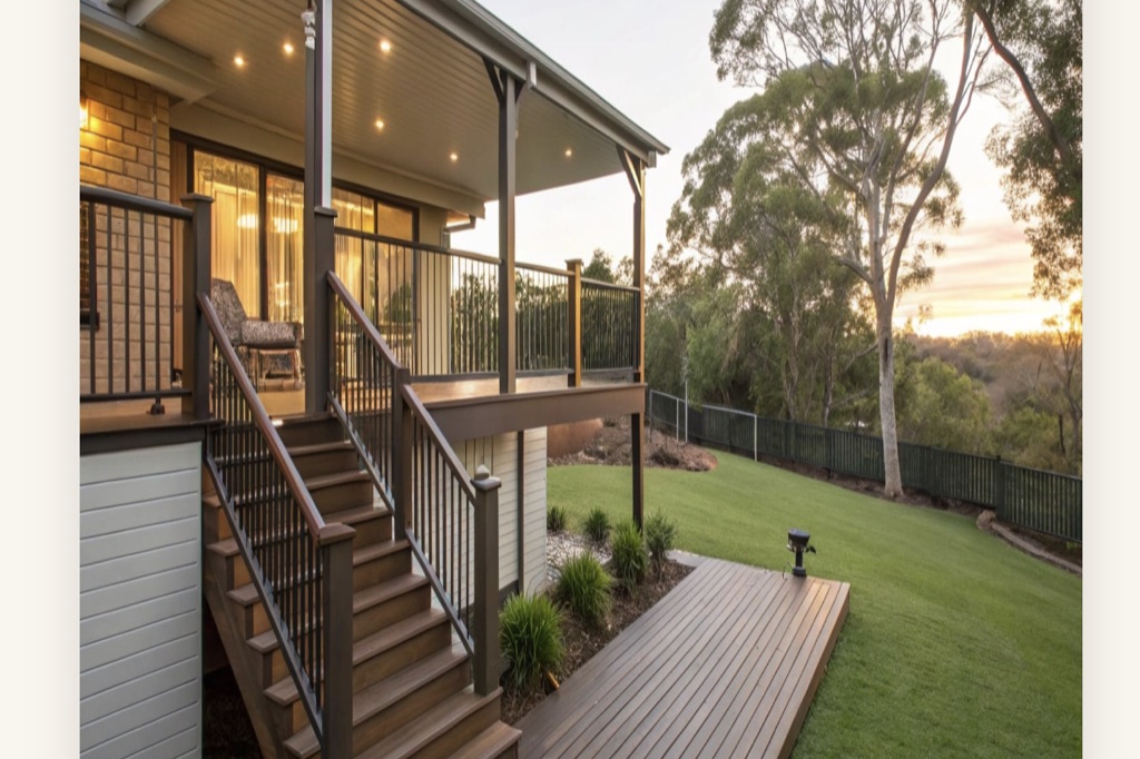 Elevated timber deck with stairs and balustrades beside a covered verandah at sunset