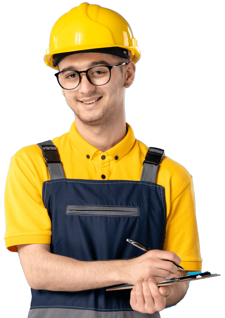 Male worker in a yellow uniform taking notes on a clipboard