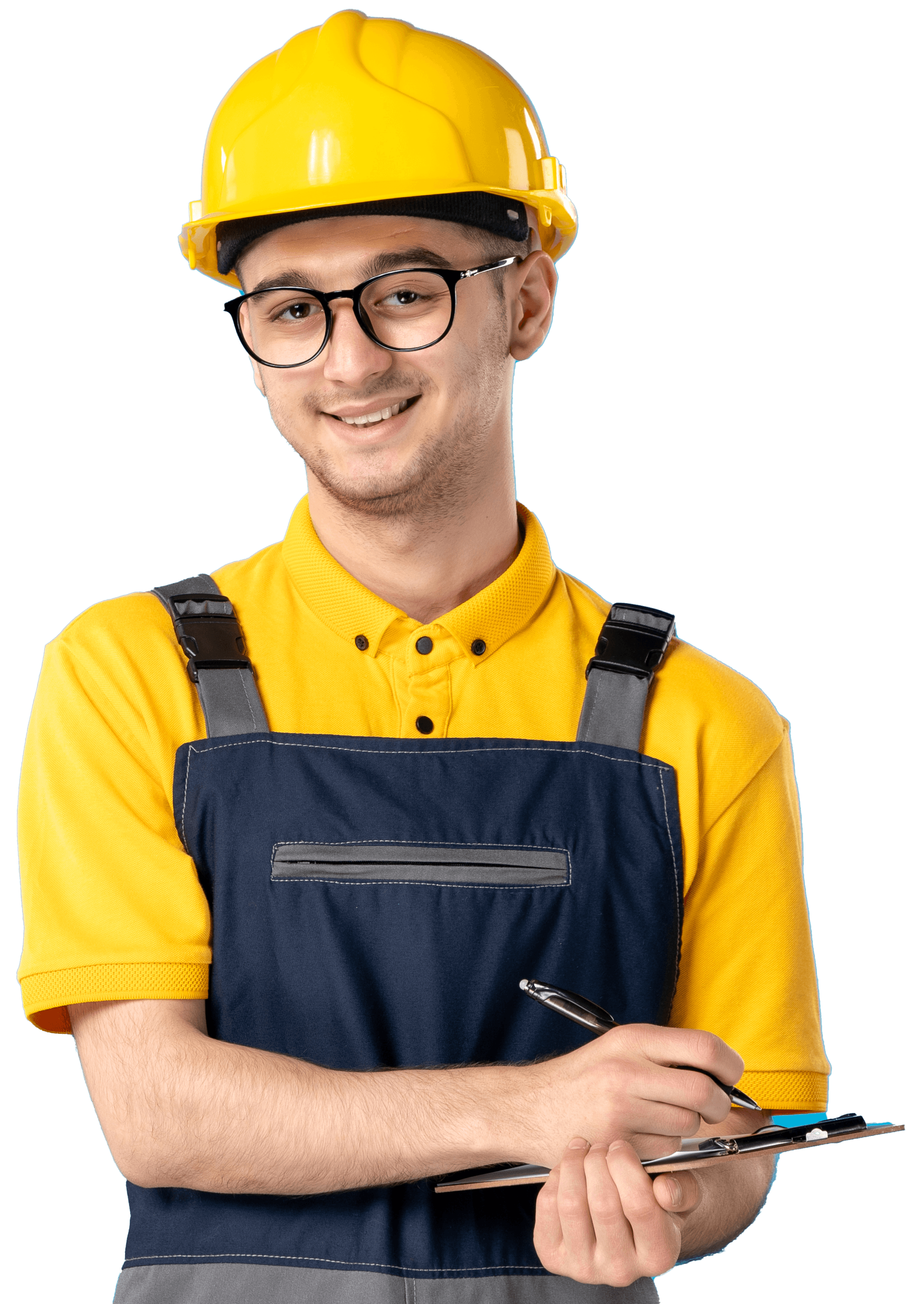 Ipswich Decking worker in yellow uniform taking notes on site