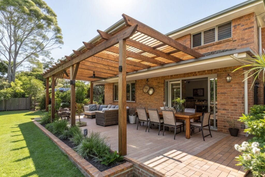 Timber pergola attached to modern Ipswich home with outdoor entertaining area underneath