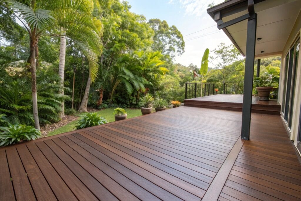 Ekodeck composite deck with dark brown boards and tropical garden surrounds