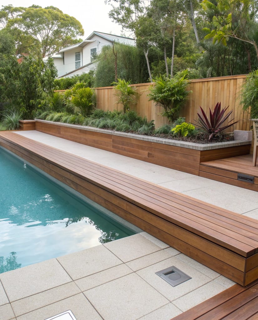 A beautifully finished pool deck in a Queensland setting
