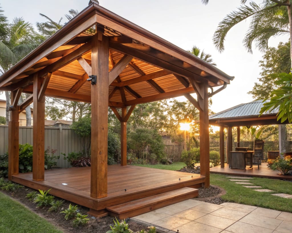 Timber gazebo with a hip roof built on a deck platform in a tropical garden