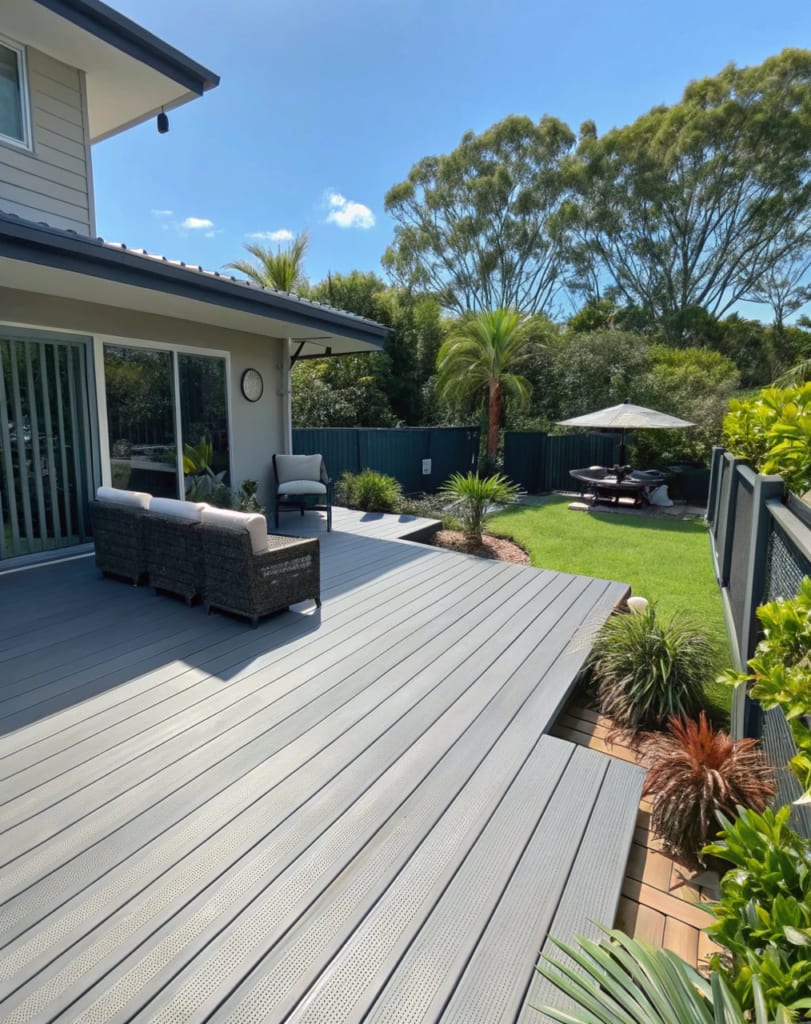 A brand new Ekodeck composite deck in a Queensland home