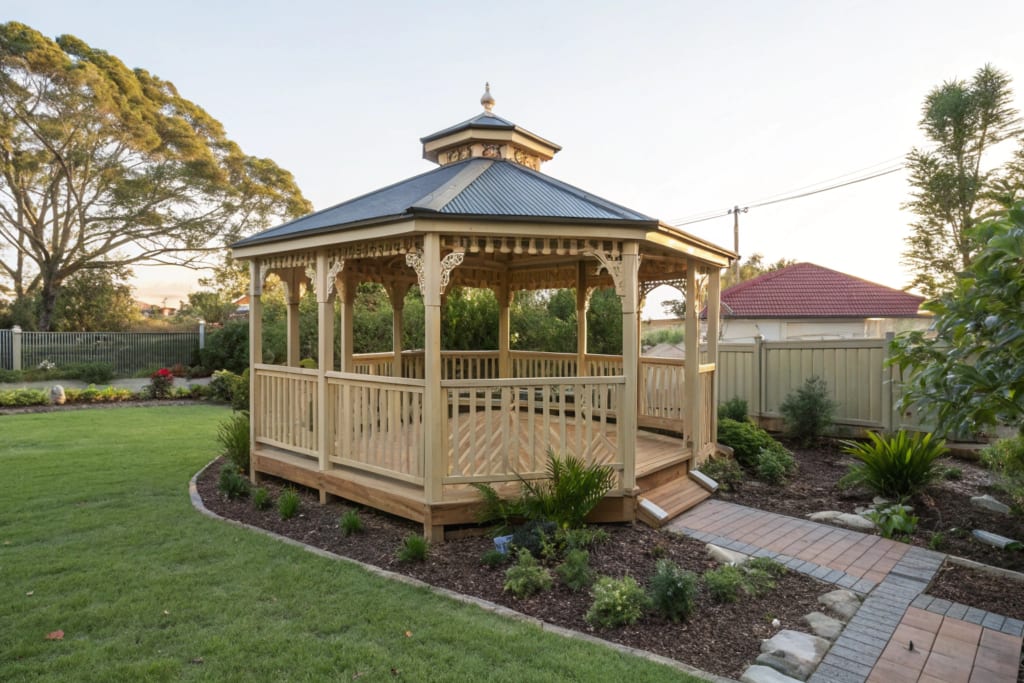 Classic open-sided timber gazebo set in a well-maintained garden