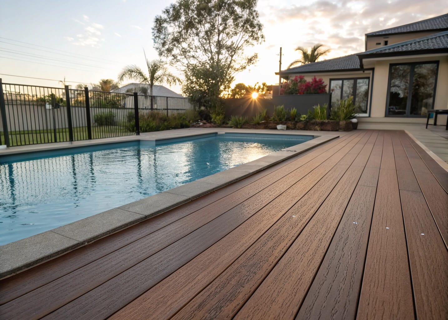 A close-up comparison of composite and hardwood timber pool decking