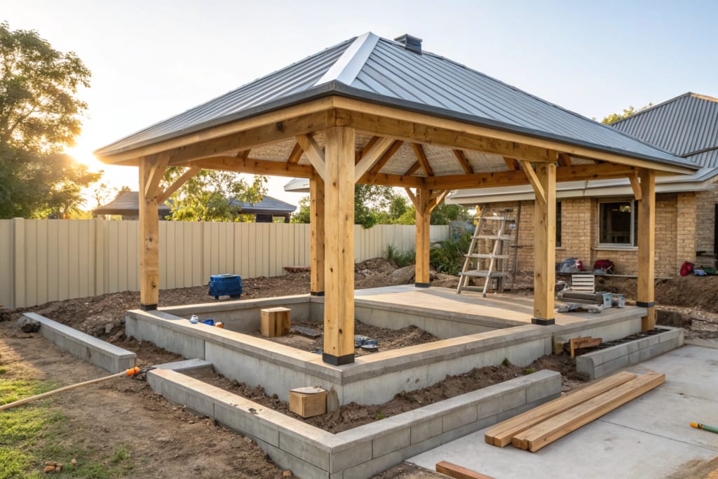 Close-up construction scene of a timber pavilion frame being built