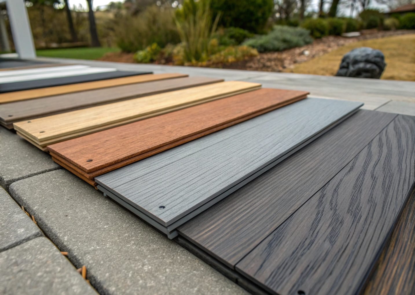A close-up display of composite decking colour and finish options