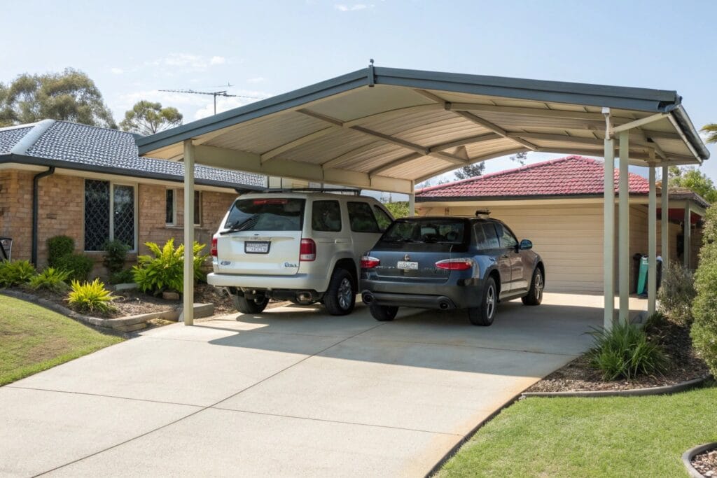 Double carport with Colorbond roof on Ipswich suburban home protecting two vehicles