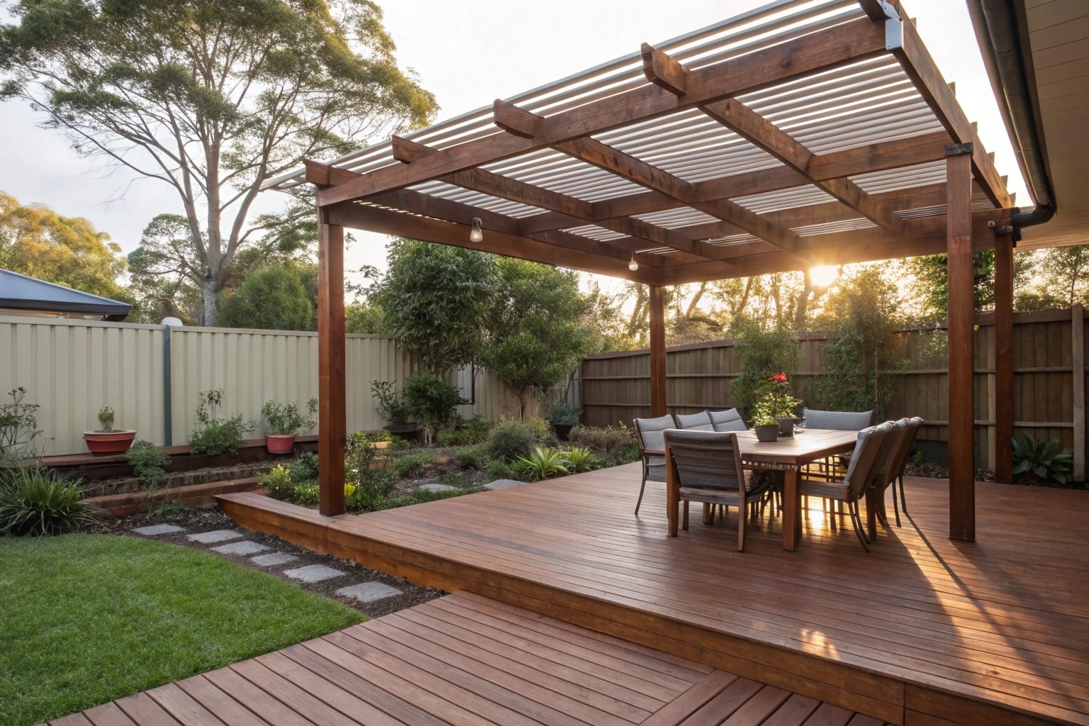 A freestanding Merbau hardwood pergola in a spacious Ipswich backyard
