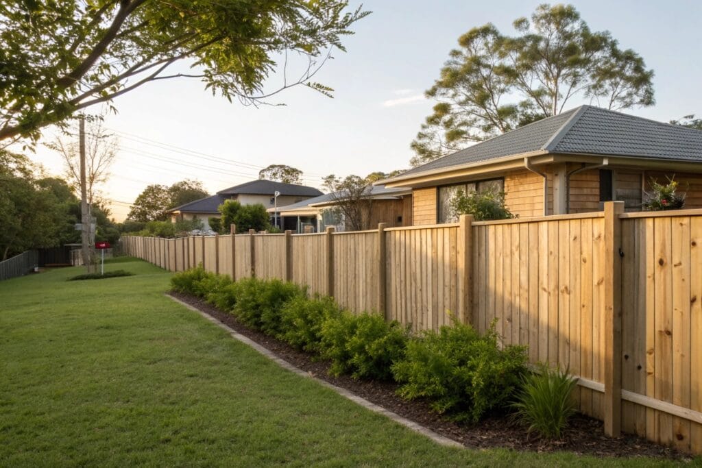 Freshly built natural timber boundary fence running along a backyard