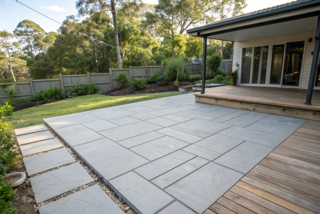 A freshly completed ground-level patio in an Ipswich suburb