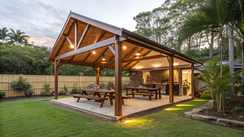 A large impressive timber outdoor pavilion in a landscaped Ipswich backyard