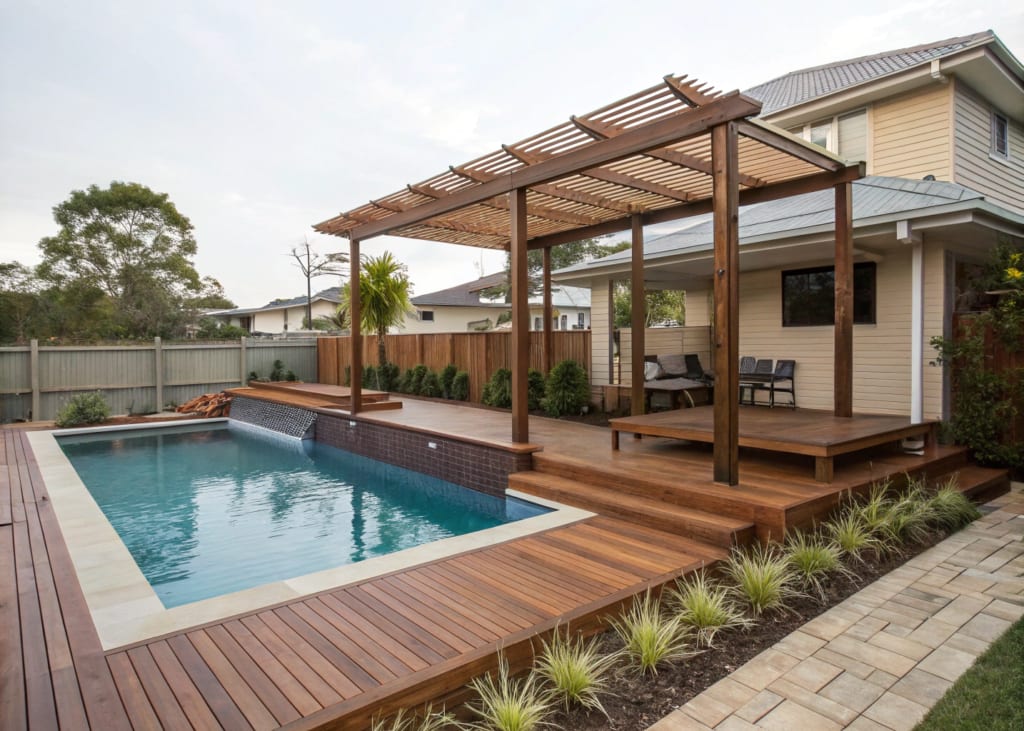 A modern multi-level timber pool deck surrounding a pool