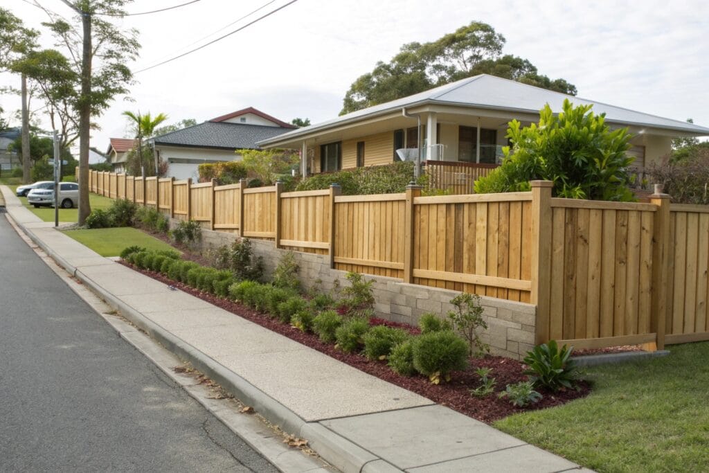Neat treated pine boundary fence installed along the front of a home
