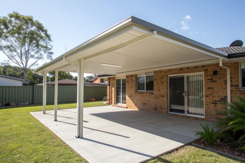 A newly installed patio cover on a suburban Ipswich home