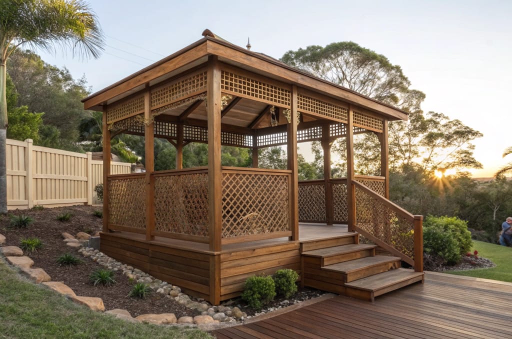 Premium elevated timber garden gazebo on a sloping block