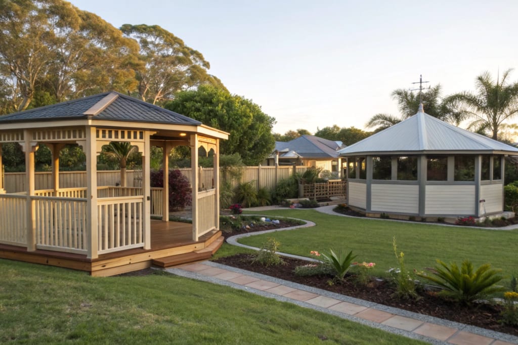 Side-by-side garden scene in a Queensland backyard showing gazebo styles