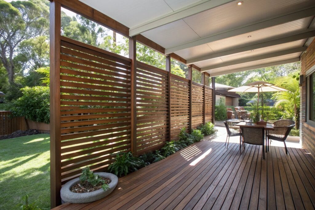 Slatted hardwood timber privacy screen attached to a residential deck