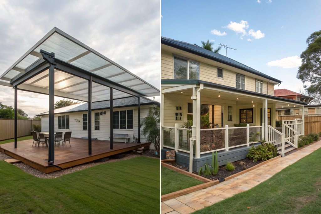 A split view of two contrasting patio enclosure styles