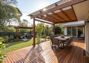 Covered composite deck with outdoor dining setting on a modern Ipswich home