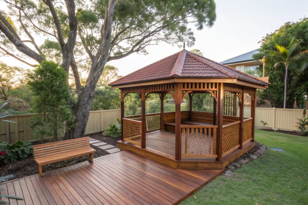 Custom timber gazebo with a shingled roof set in a landscaped backyard