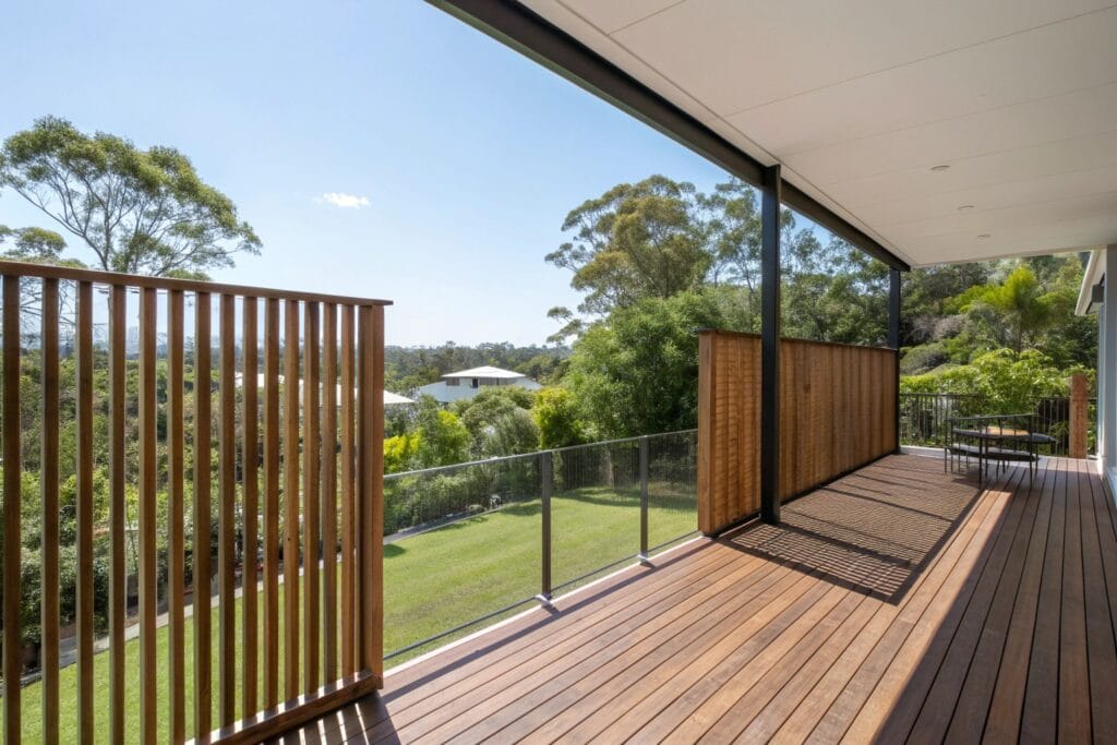 Timber deck featuring an integrated privacy wall along one side