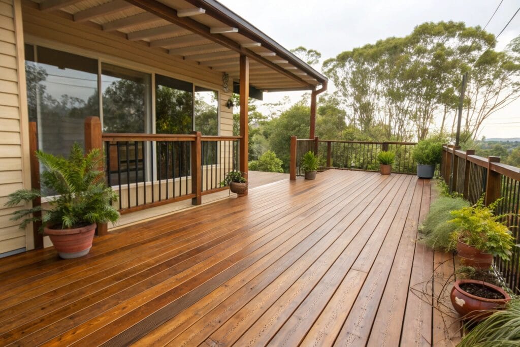 Wide treated pine deck with warm brown stain finish attached to a Queensland home