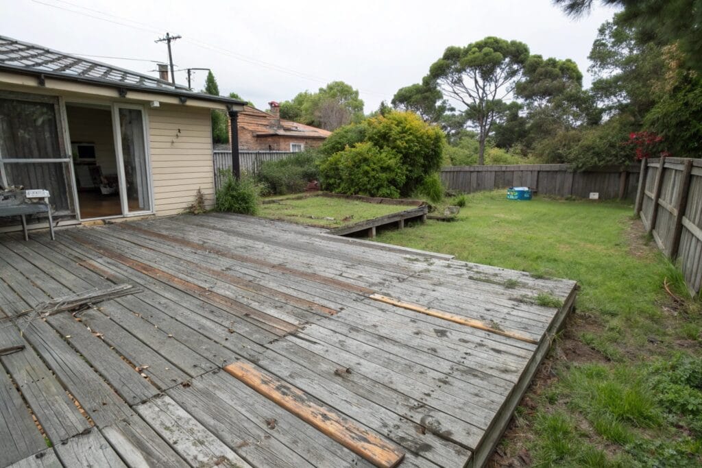 Deteriorated timber deck in Ipswich backyard ready for demolition and removal