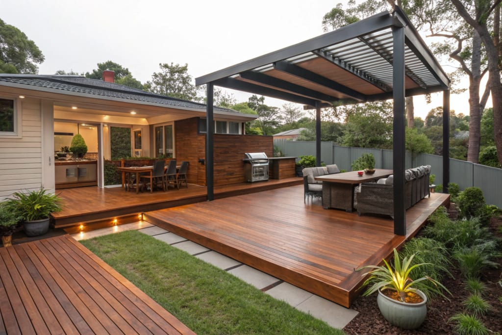 Family entertaining on a ground-level timber deck
