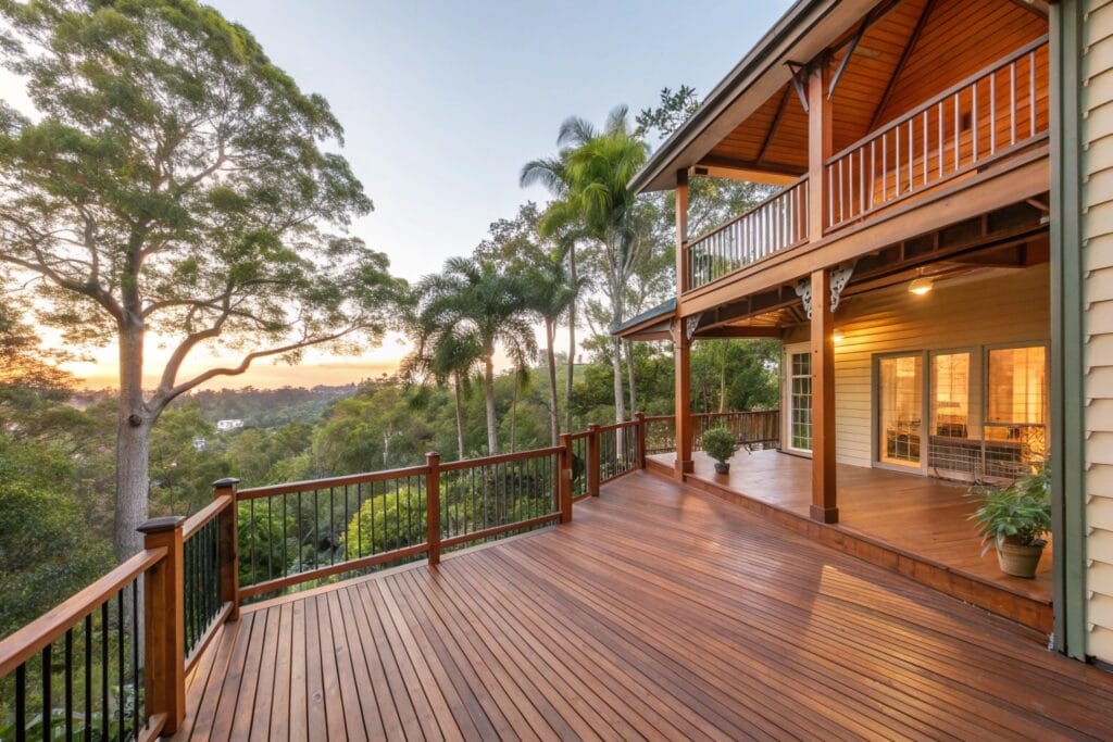 Elevated hardwood deck on a high-set Queenslander home in Ipswich