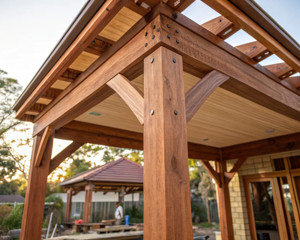 Close-up detail of handcrafted timber gazebo joinery