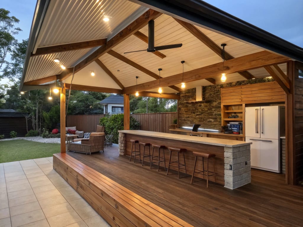 Outdoor entertaining pavilion with bar seating built over a timber deck