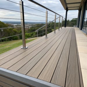 Close-up of ModWood composite decking boards showing timber-look grain