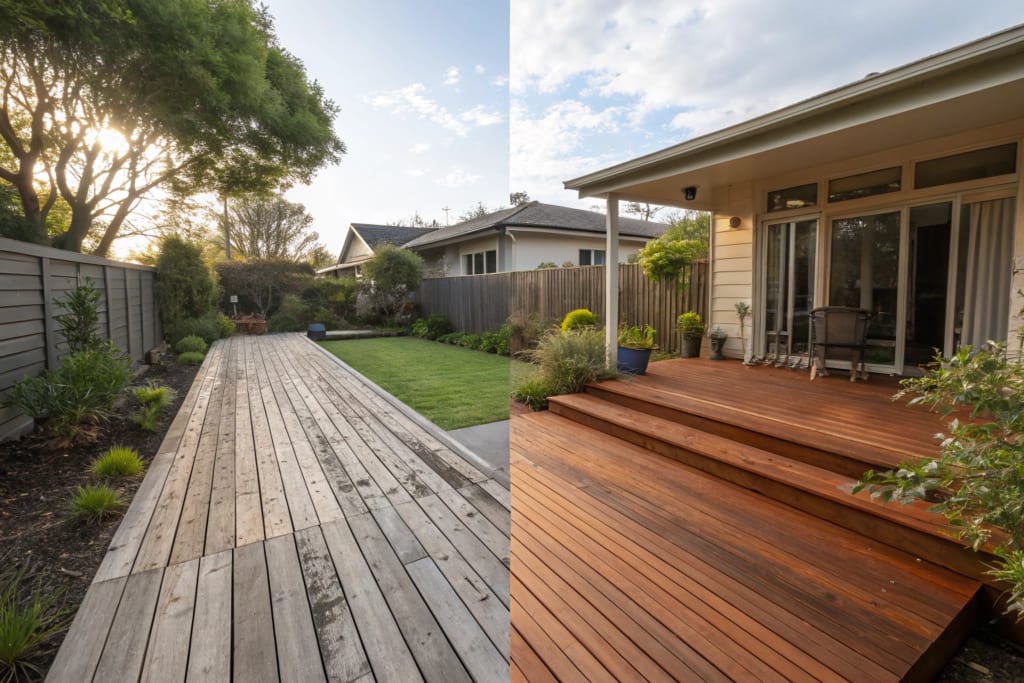 Before and after deck restoration of weathered timber decking