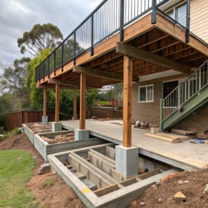Timber deck substructure and framing built on a sloping block
