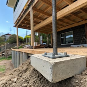 Concrete footing with steel post stirrup supporting an elevated deck substructure