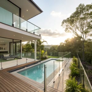 Elevated deck with glass balustrade overlooking a swimming pool