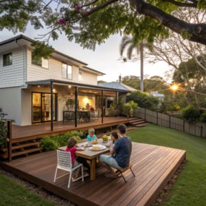 Family relaxing and entertaining on an elevated timber deck