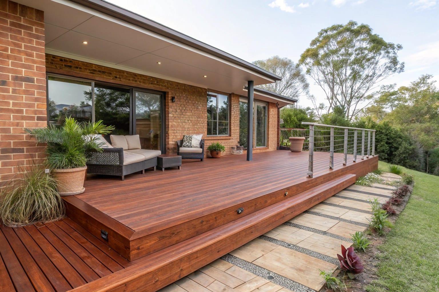 Ground-level Merbau timber deck attached to the back of a home