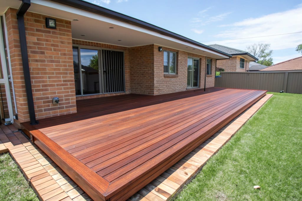 Merbau timber deck attached to the back of a modern Ipswich home