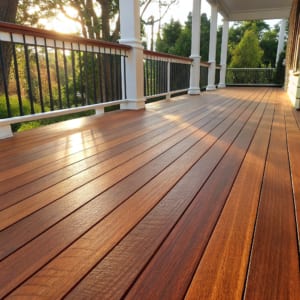 Close up of oiled Merbau hardwood timber decking boards on an Ipswich verandah