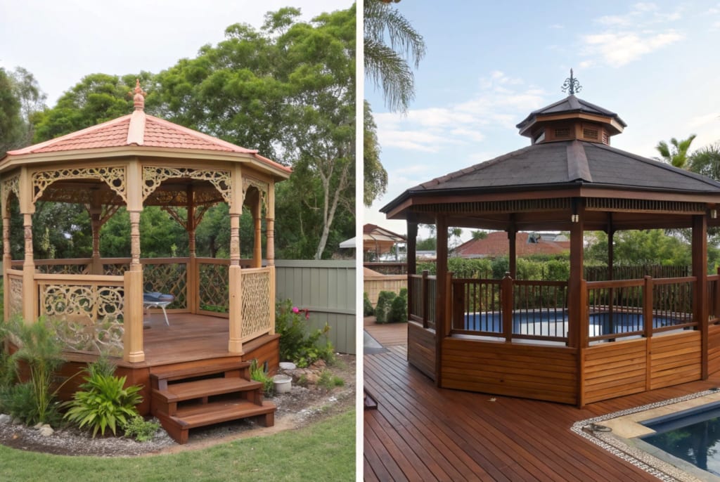 Side by side visual showcase of two custom timber gazebo designs