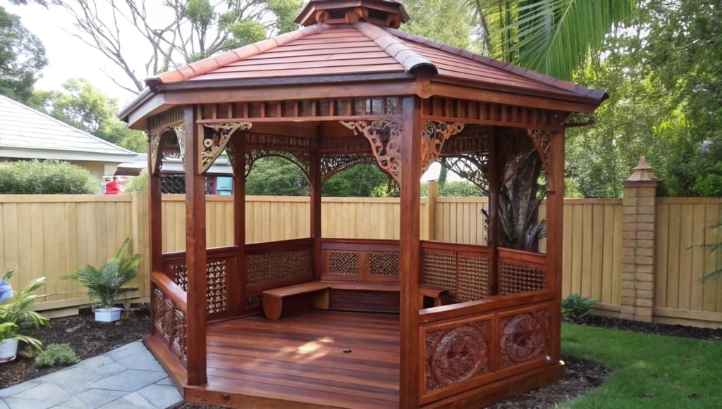 Stunning custom designed timber gazebo in a lush garden