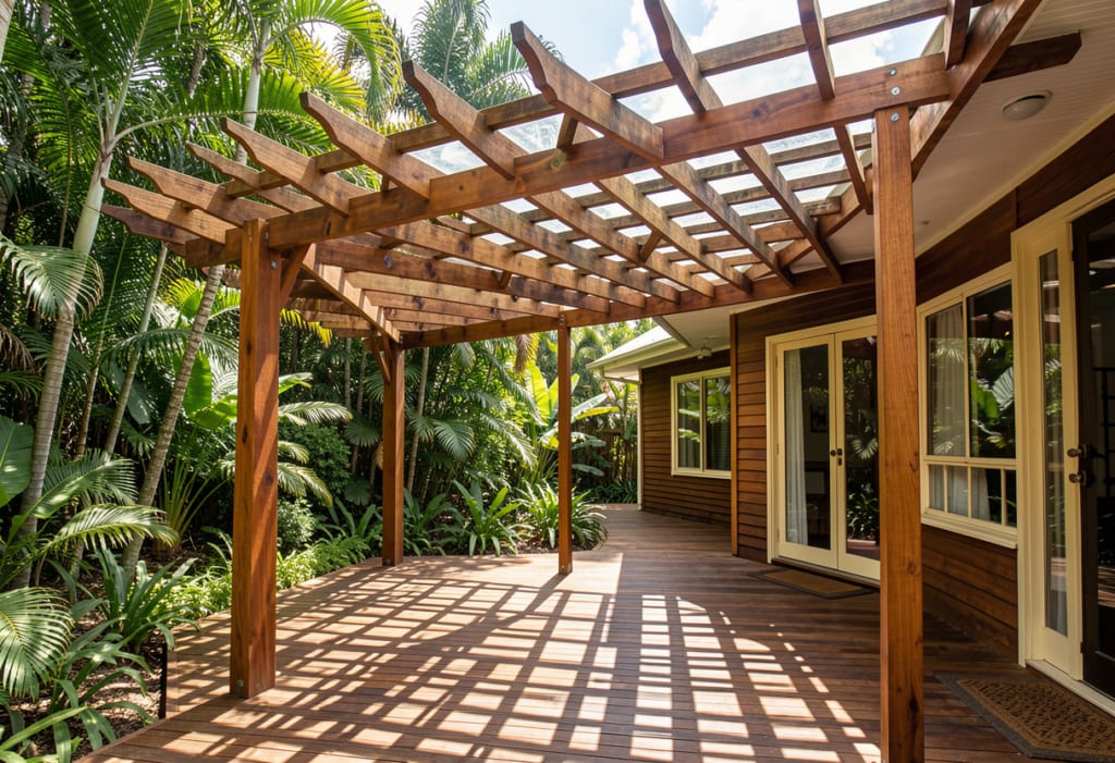 Timber pergola attached to the rear of a classic Queensland timber home