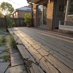 weathered grey timber deck boards cracked and lifted Ipswich