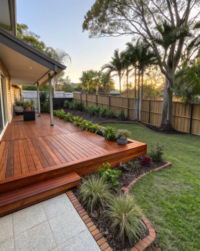 Wide-angle photograph of a completed Merbau timber deck