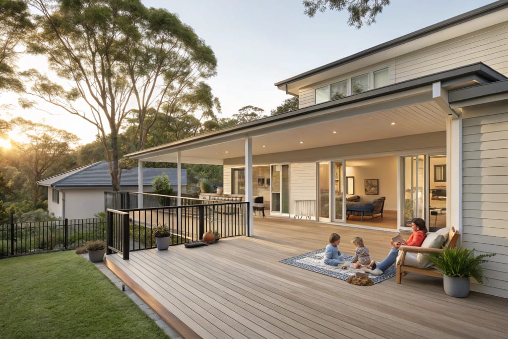 Family relaxing on a timber deck outside a modern Australian home at dusk
